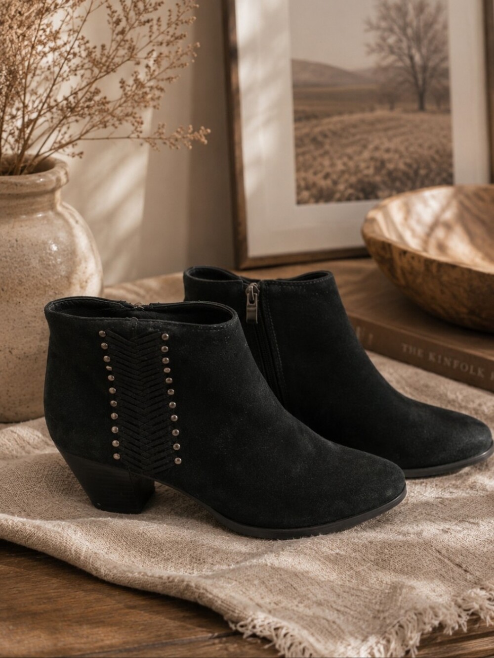 Franco Fortini Black Suede Studded Ankle Booties With Woven Detail